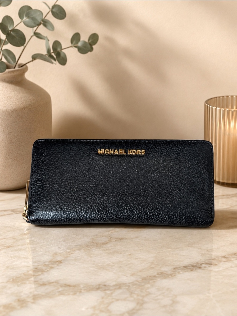 Michael Kors Black Pebbled Leather Zip Around Wallet Gold Hardware